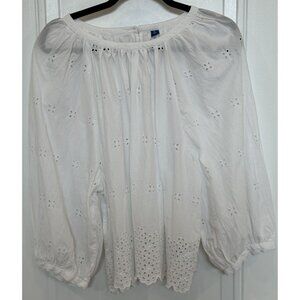 Old Navy White Eyelet Peasant Blouse XL Tall 3/4 Length Puff Sleeves Boho EUC